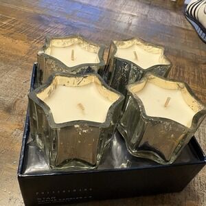 Pottery Barn Mercury Votives Set Four Star Silver Candles Eucalyptus & Clove NEW